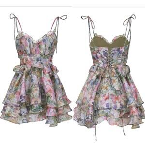 Bella Barnett Multicolor Floral Chiffon V-Neck Lace-Up Ruffle Pleated Mini Dress